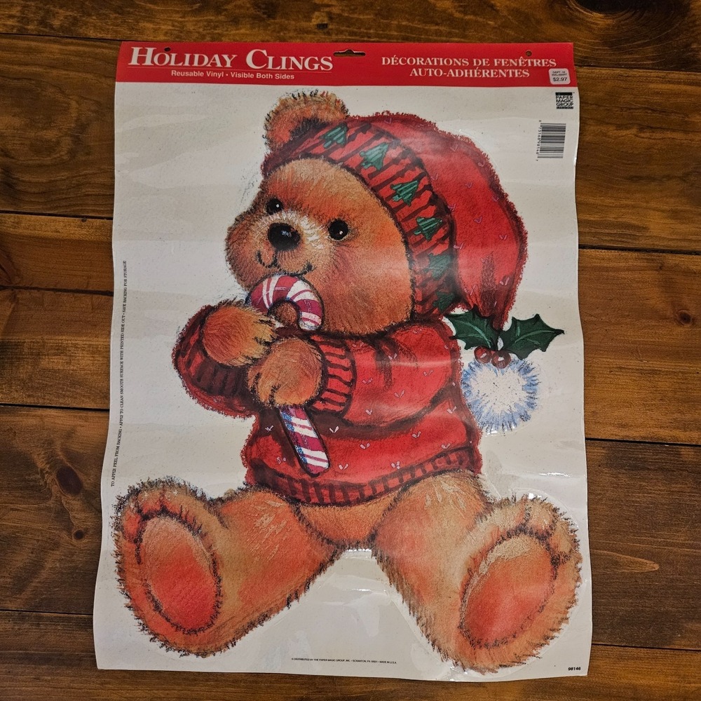Vintage Holiday Clings Teddy Bear Window Decoration Vinyl Cling USA